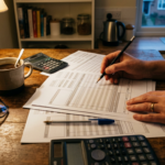 Hands working through tax paperwork with a calculator, illustrating UK income tax bands