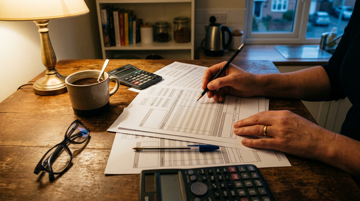 Hands working through tax paperwork with a calculator, illustrating UK income tax bands