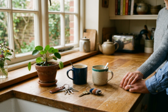 Two mugs and two sets of keys on a shared kitchen counter, illustrating cohabiting couples' legal rights