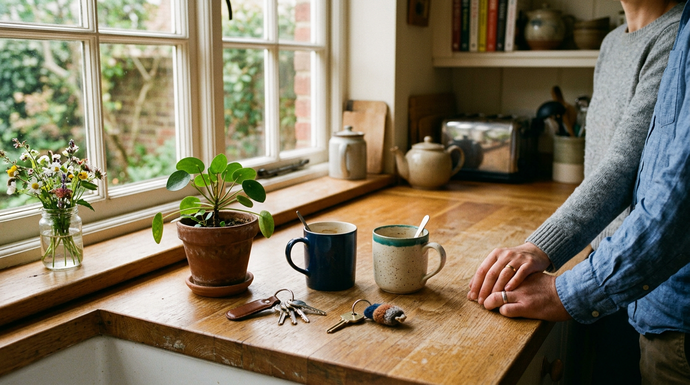 Two mugs and two sets of keys on a shared kitchen counter, illustrating cohabiting couples' legal rights