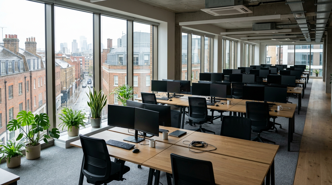Empty open-plan office with tucked-in chairs, illustrating the four-day working week debate in the UK