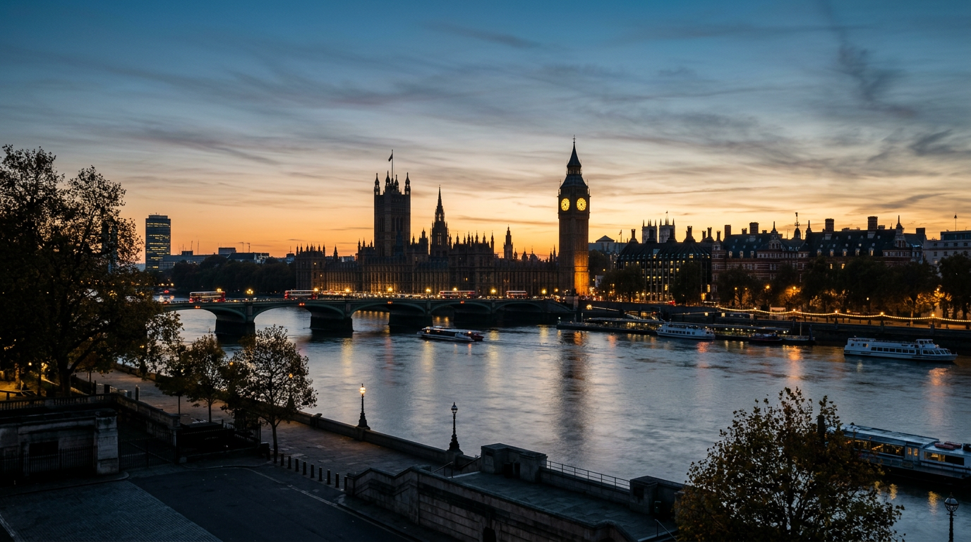 Westminster skyline across the Thames at dusk, illustrating the UK Autumn Budget 2026