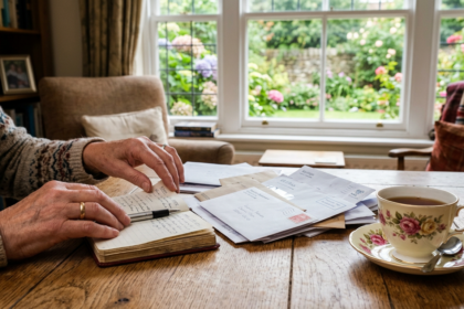 Older person's hands sorting letters beside a teacup, illustrating the UK State Pension