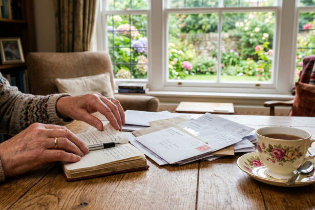 Older person's hands sorting letters beside a teacup, illustrating the UK State Pension