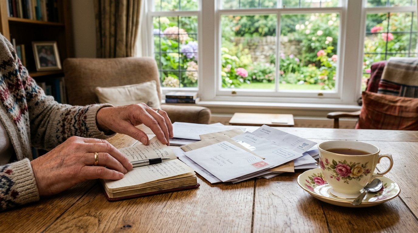 Older person's hands sorting letters beside a teacup, illustrating the UK State Pension