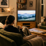 Viewer on a sofa watching a landscape film on TV at home, illustrating free legal documentary streaming in the UK