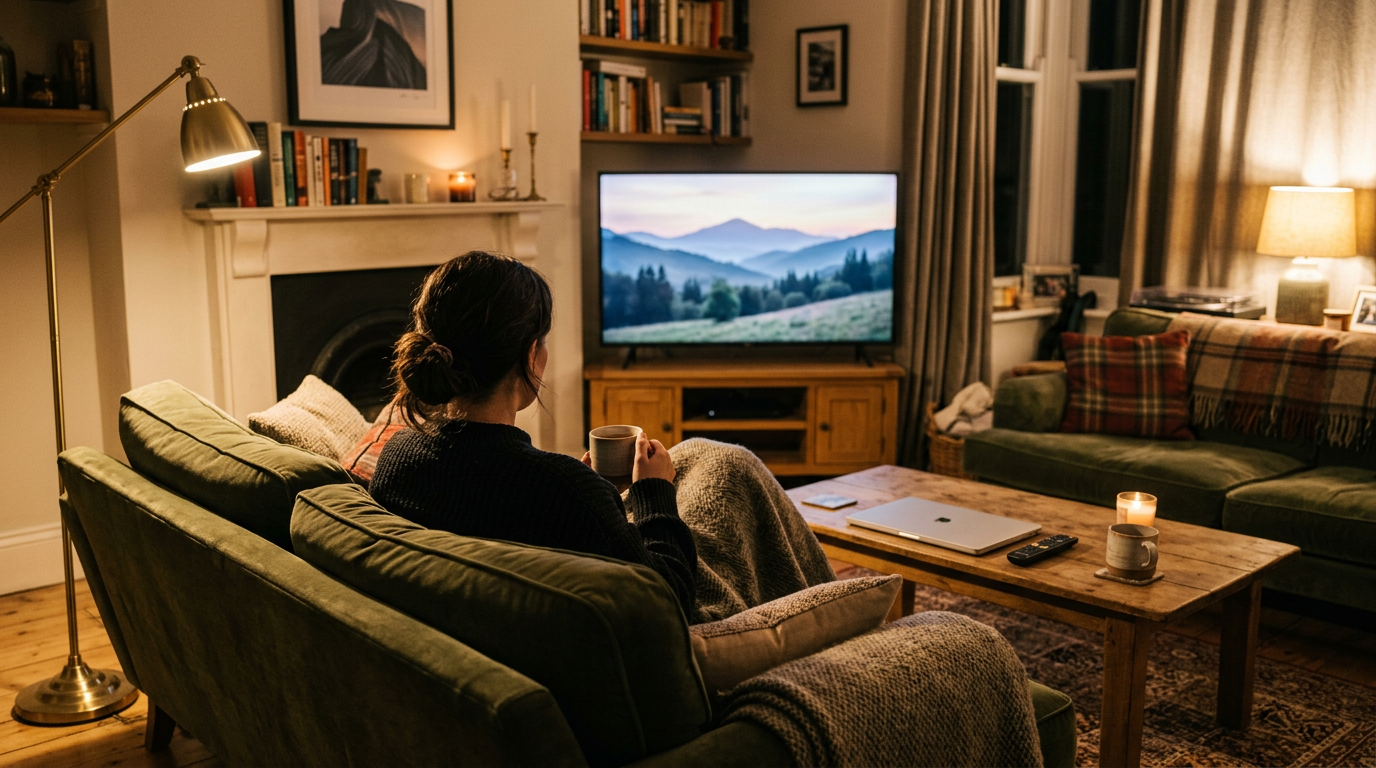 Viewer on a sofa watching a landscape film on TV at home, illustrating free legal documentary streaming in the UK