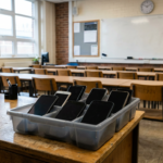 Tray of switched-off smartphones on a classroom desk, illustrating the debate over phone bans in schools