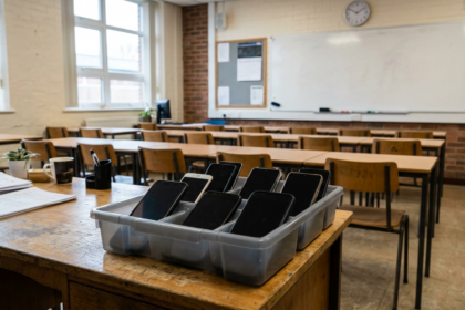 Tray of switched-off smartphones on a classroom desk, illustrating the debate over phone bans in schools
