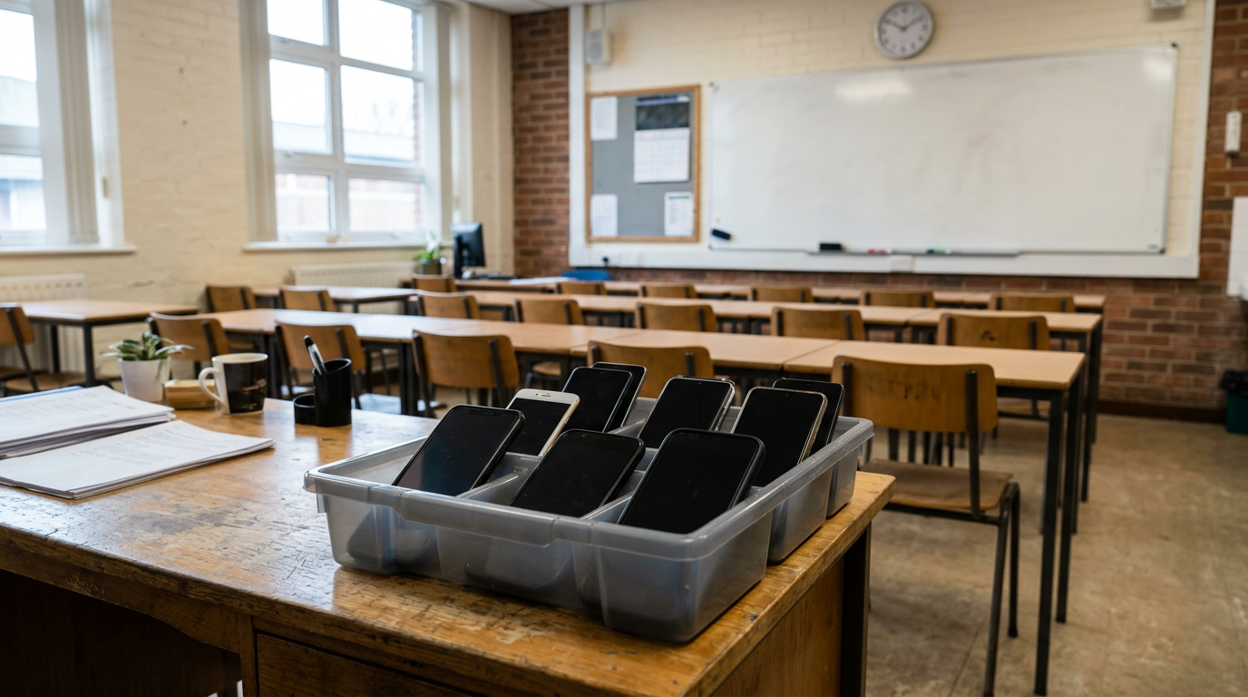 Tray of switched-off smartphones on a classroom desk, illustrating the debate over phone bans in schools