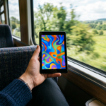 Small tablet with a colourful screen held on a train beside a window, illustrating the new iPad mini launch