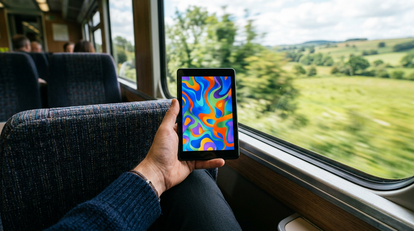Small tablet with a colourful screen held on a train beside a window, illustrating the new iPad mini launch
