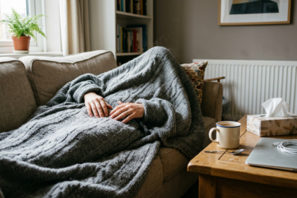 Worker resting at home under a blanket beside tea, tissues and a closed laptop, illustrating statutory sick pay