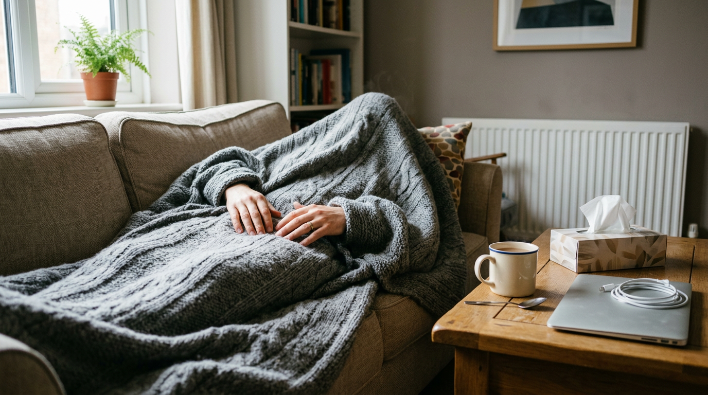 Worker resting at home under a blanket beside tea, tissues and a closed laptop, illustrating statutory sick pay