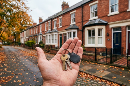 Hand holding house keys on a street of red-brick terraced homes, illustrating renters' rights in England