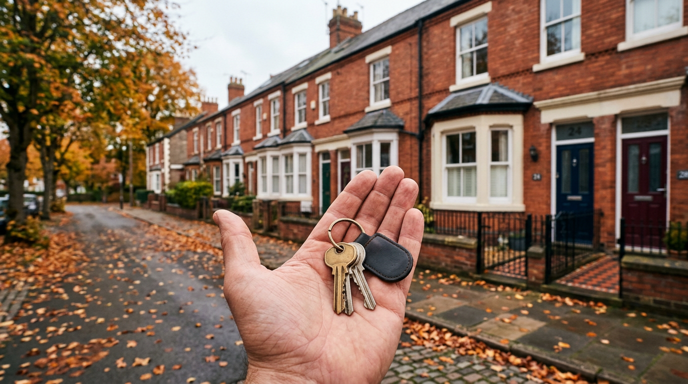 Hand holding house keys on a street of red-brick terraced homes, illustrating renters' rights in England