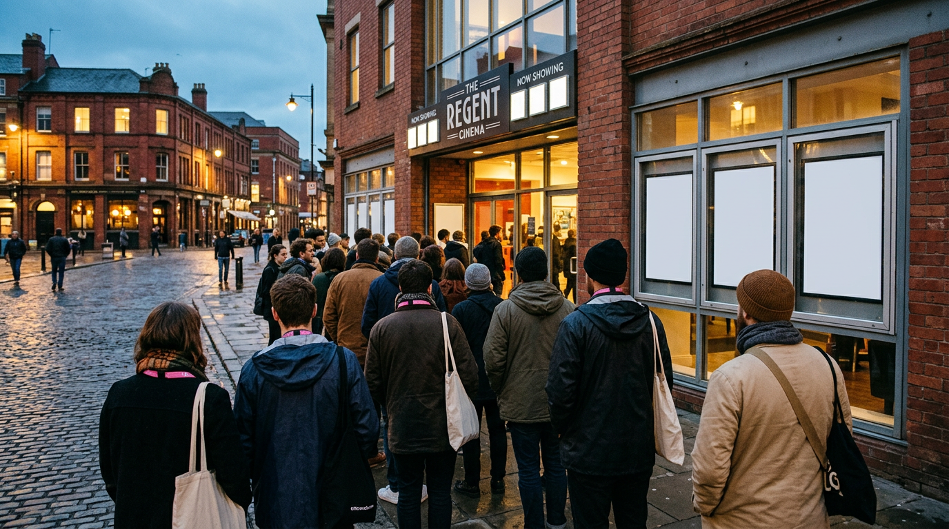 Festival-goers queuing outside an independent cinema at dusk, illustrating a guide to Sheffield DocFest