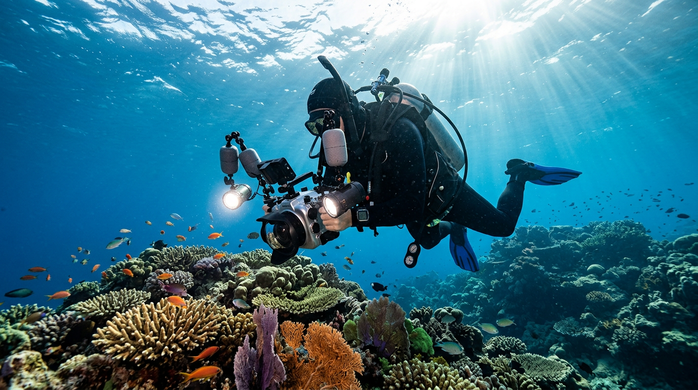 Underwater camera operator filming over a coral reef, illustrating ocean documentary production