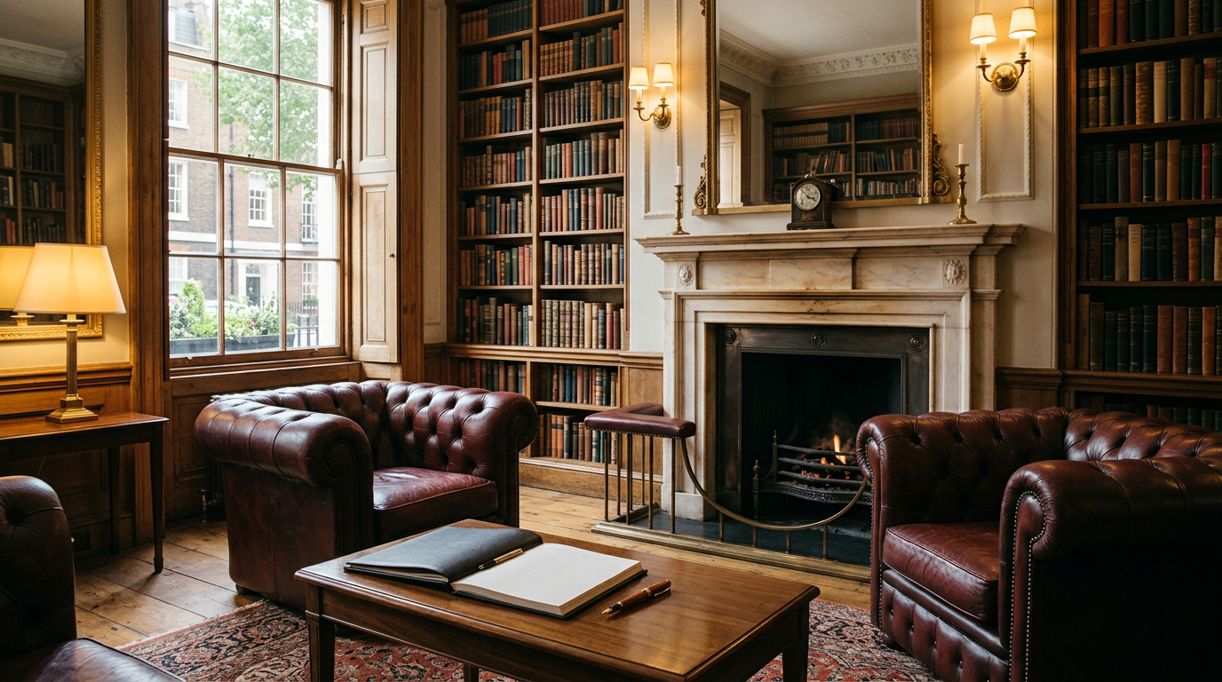 Empty members' club lounge with leather armchairs, fireplace and guest book, illustrating how private members' clubs work