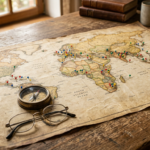 Old world map with compass and glasses on a table, illustrating Commonwealth member countries