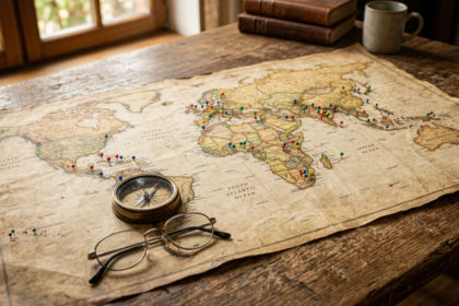 Old world map with compass and glasses on a table, illustrating Commonwealth member countries