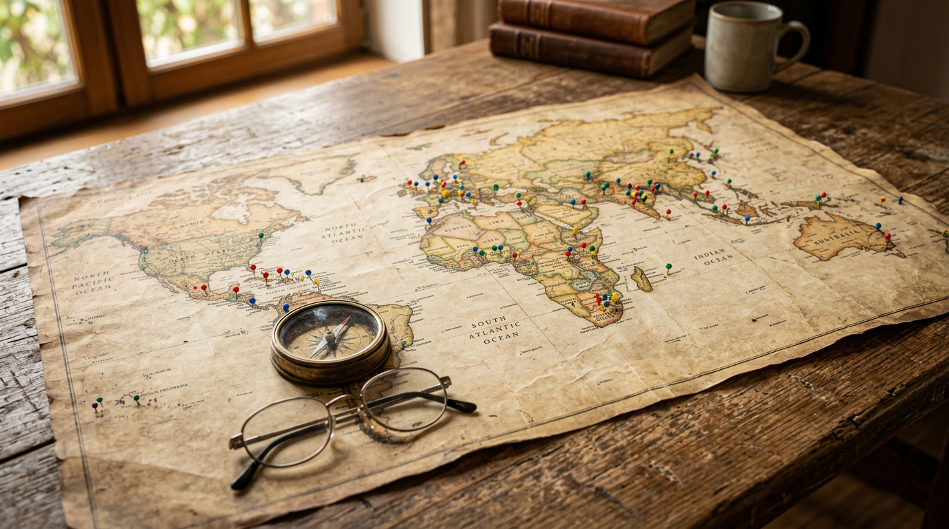 Old world map with compass and glasses on a table, illustrating Commonwealth member countries