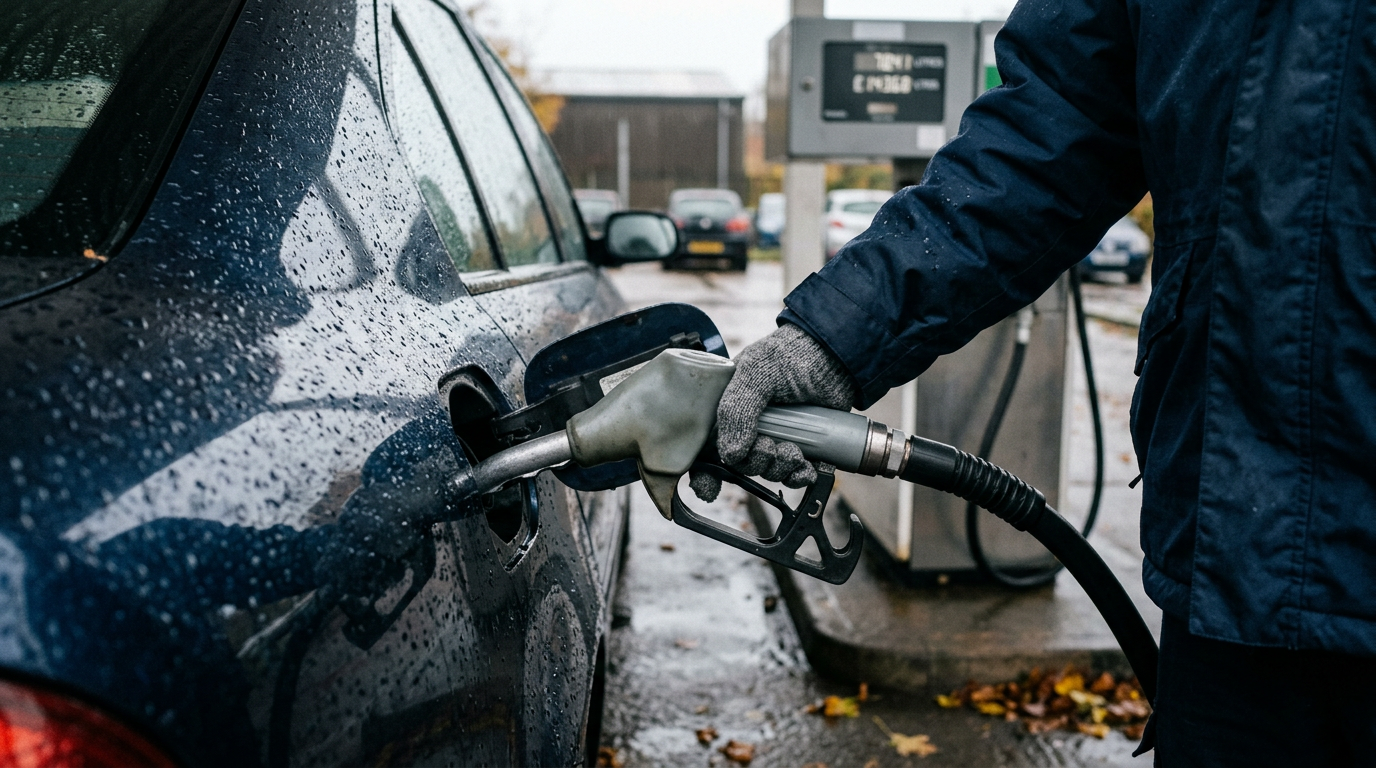 Driver refuelling a car in the rain, illustrating rising UK inflation driven by fuel prices