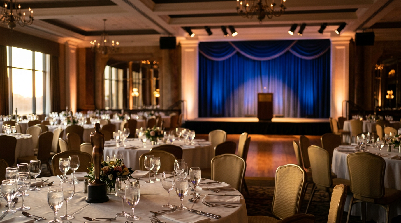 Empty awards ceremony venue with stage lectern and set tables, illustrating documentary awards explained