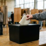 Young voter's hand placing a paper ballot into a box in a school hall, illustrating votes at 16