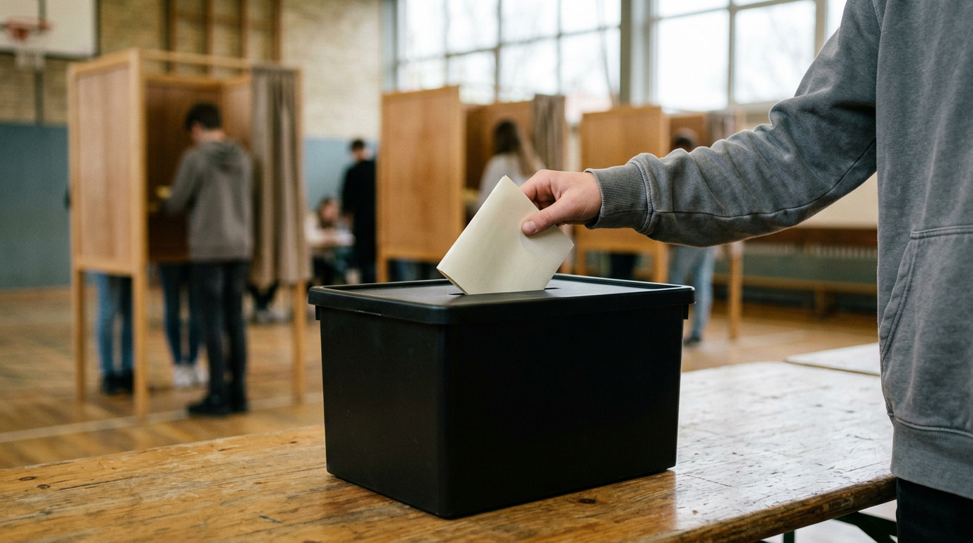 Young voter's hand placing a paper ballot into a box in a school hall, illustrating votes at 16