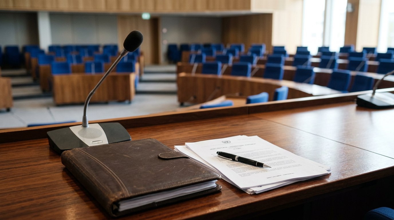 Desk with microphone, folder and draft papers in a chamber, illustrating the UN Security Council veto