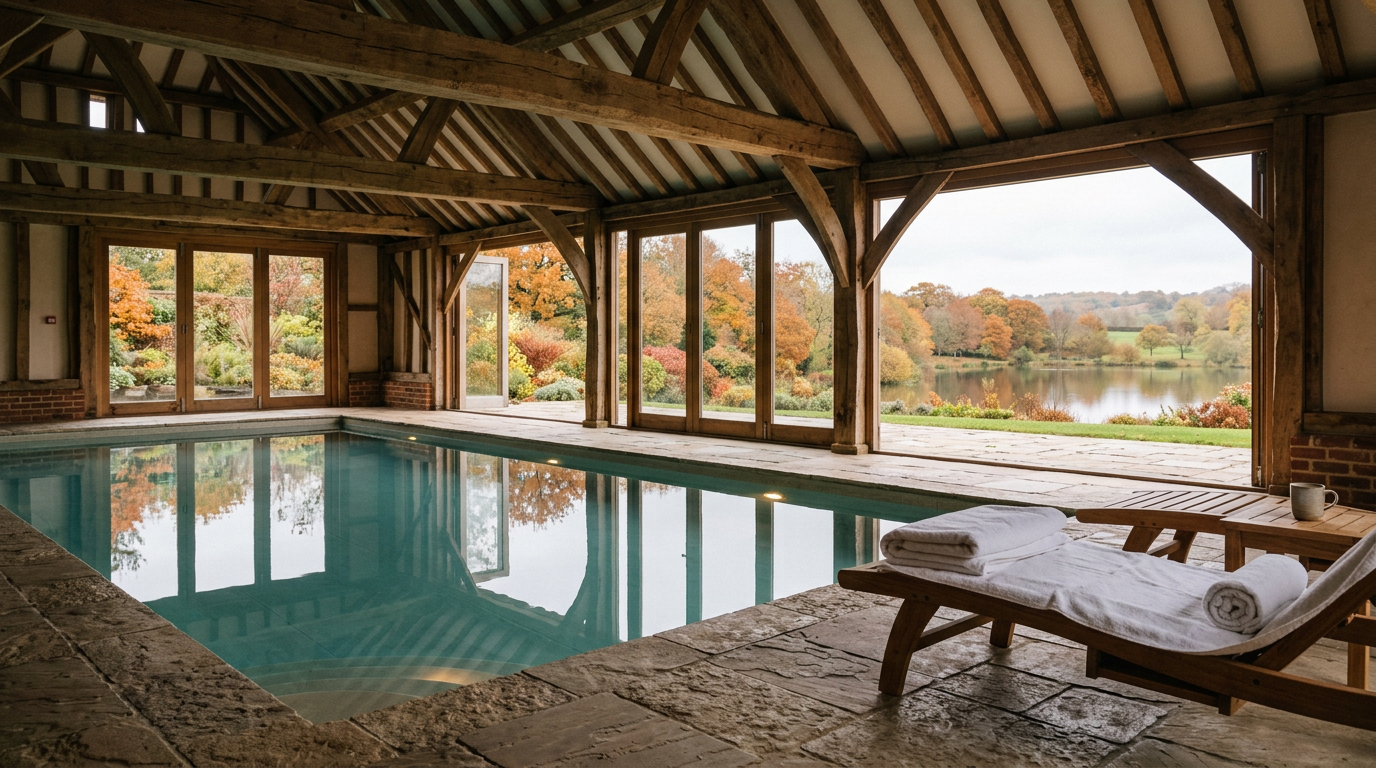 Indoor spa pool with oak beams overlooking a garden lake, illustrating the sale of a Surrey country hotel and spa