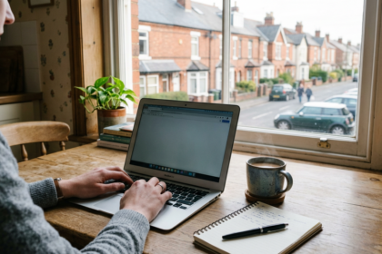 Laptop, tea and notebook on a kitchen table at home, illustrating the working from home productivity debate