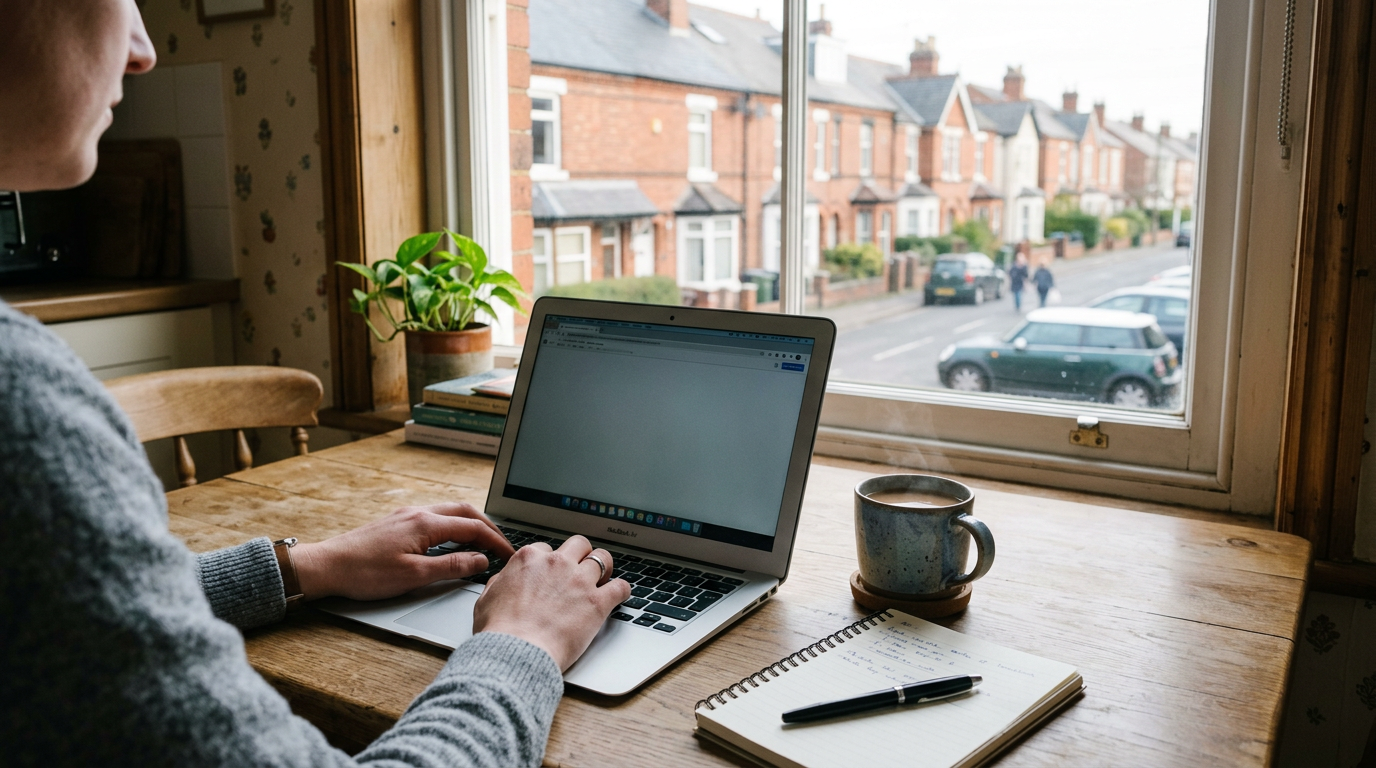 Laptop, tea and notebook on a kitchen table at home, illustrating the working from home productivity debate