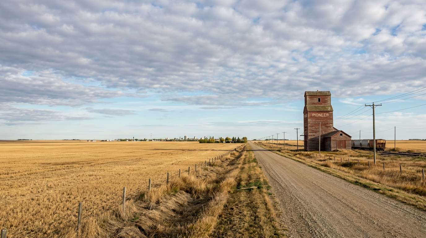 Autumn prairie fields with grain elevator and rural road, illustrating Alberta's independence referendum vote