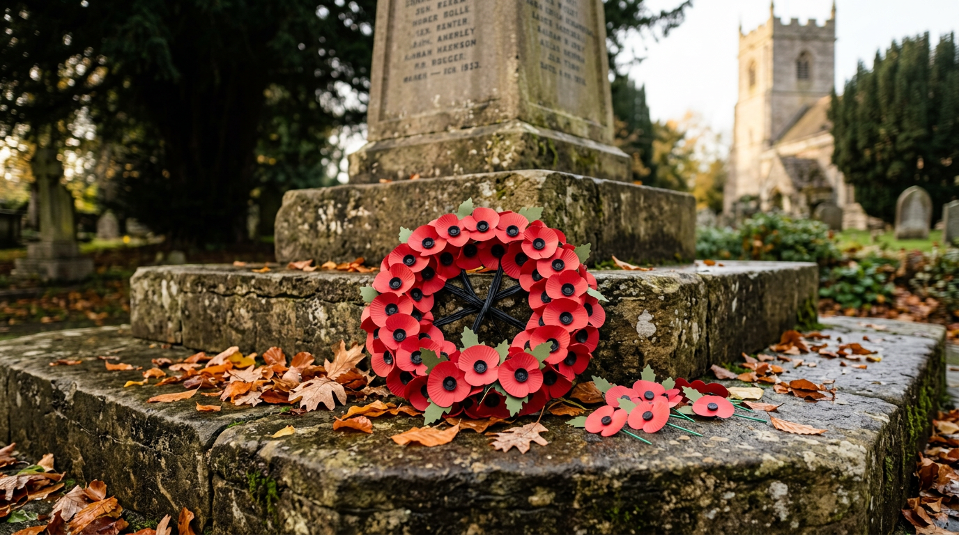 Wreath of red remembrance poppies on the steps of a village war memorial, illustrating Remembrance Sunday