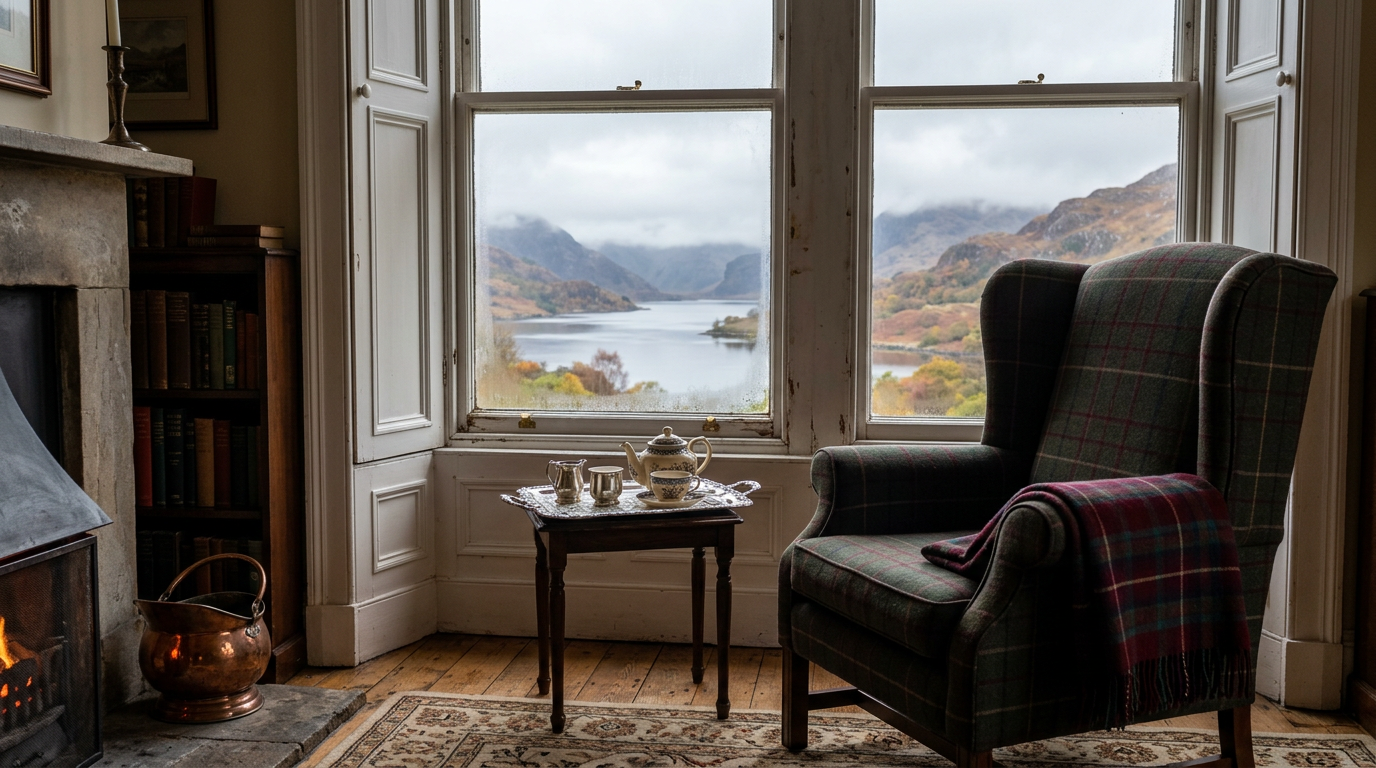 Country house hotel sitting room overlooking a misty Highland loch, illustrating the Crerar Hotels portfolio sale