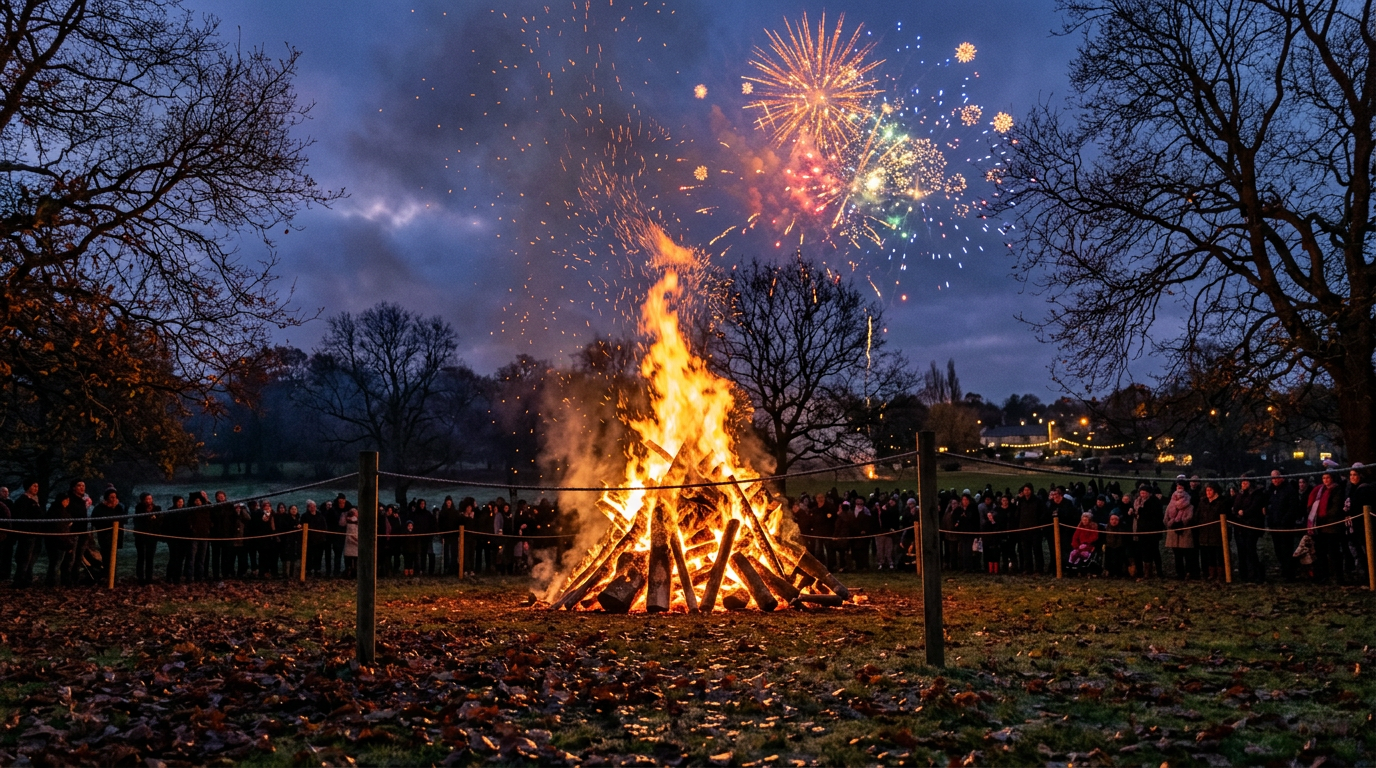 Community bonfire and fireworks at dusk in an English park, illustrating the history of Bonfire Night