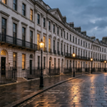 Georgian London street of stone townhouses and lamp standards at dusk, illustrating the history of St James's clubs