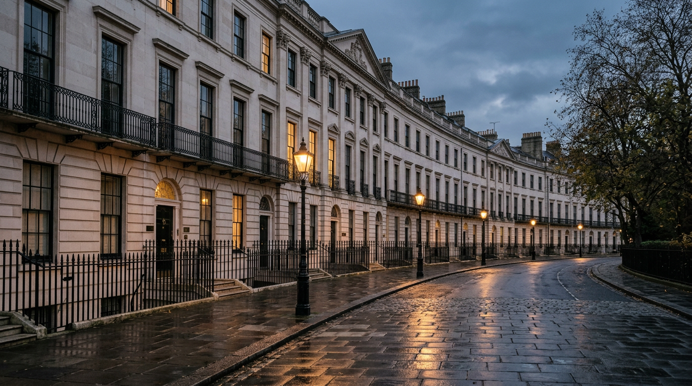 Georgian London street of stone townhouses and lamp standards at dusk, illustrating the history of St James's clubs