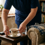 Care worker's hands setting down a cup of tea beside an armchair, illustrating the earned settlement row