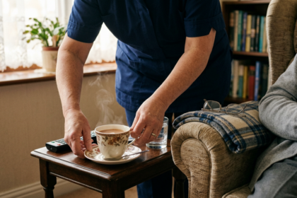 Care worker's hands setting down a cup of tea beside an armchair, illustrating the earned settlement row