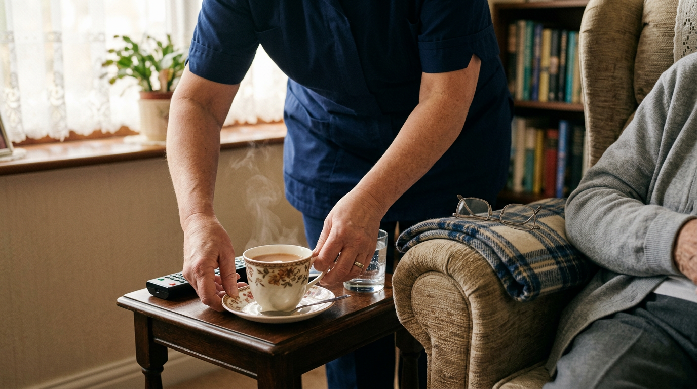 Care worker's hands setting down a cup of tea beside an armchair, illustrating the earned settlement row