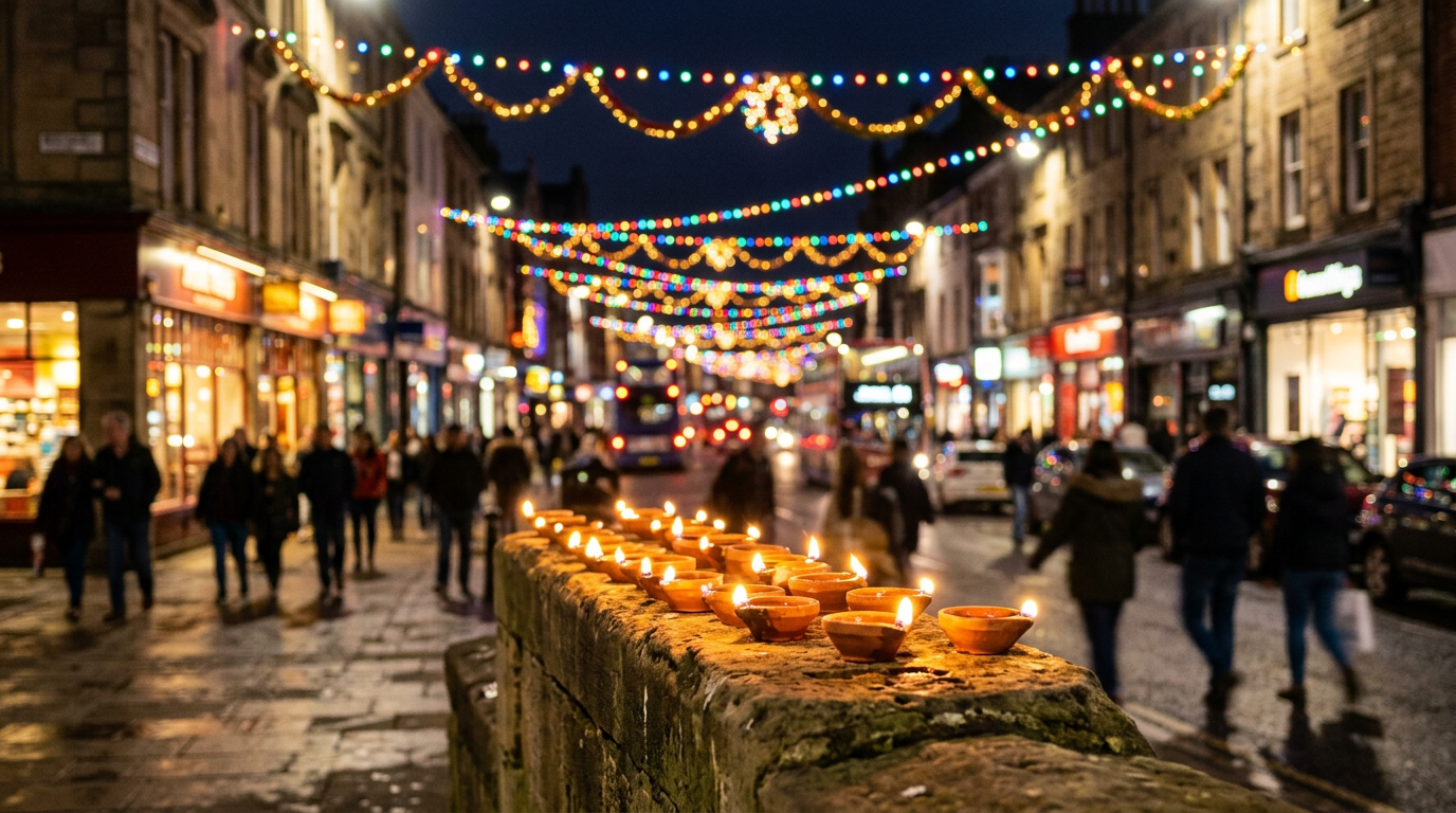 Lit diya lamps in front of a British high street strung with festive lights, illustrating Diwali in Britain
