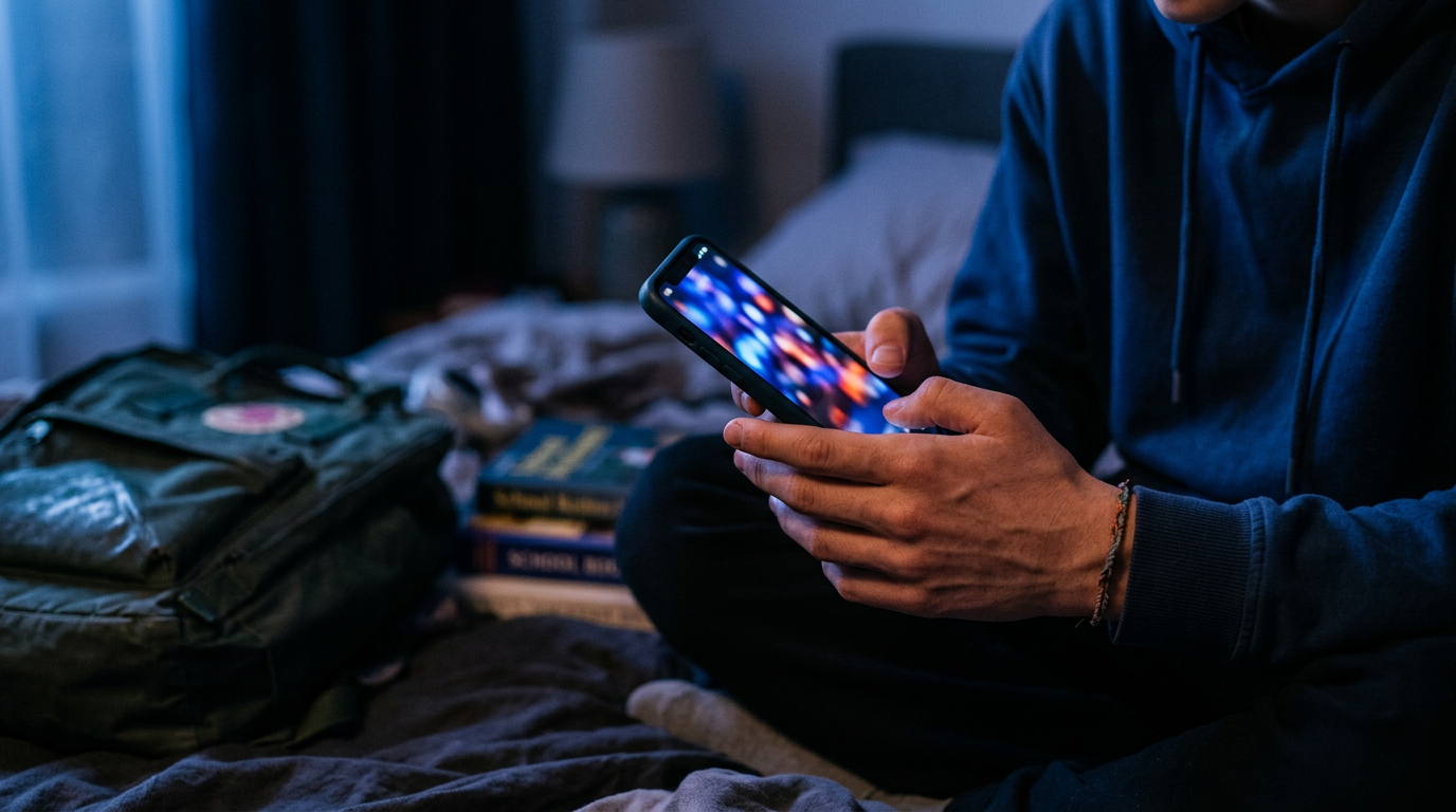 Teenager's hands holding a glowing smartphone in a dark bedroom, illustrating children's online safety debate