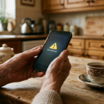 Older person at a kitchen table checking a suspicious message warning on a smartphone, illustrating phishing scams