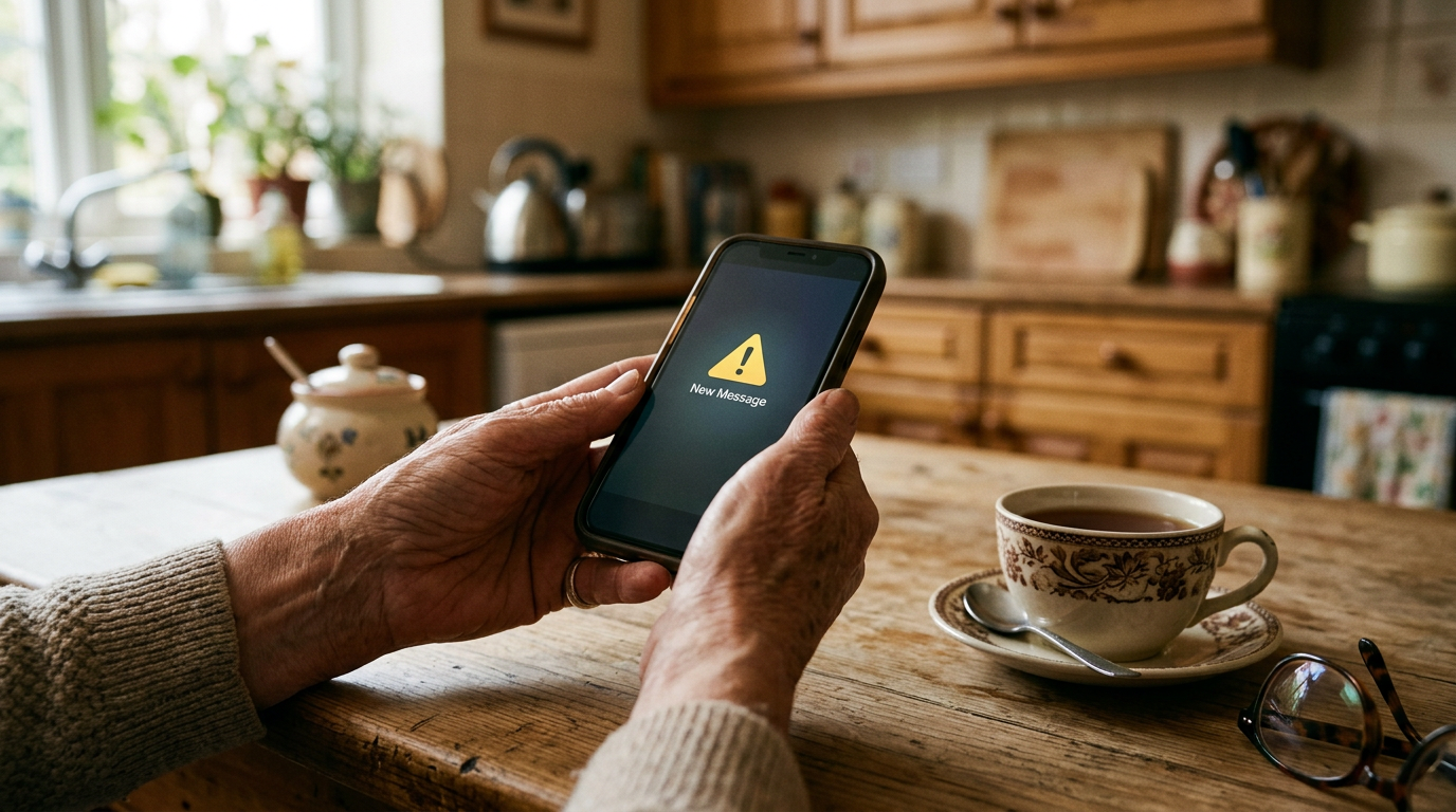 Older person at a kitchen table checking a suspicious message warning on a smartphone, illustrating phishing scams