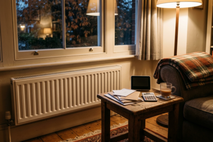 Radiator, energy monitor and bills in a British living room, illustrating Budget 2026 energy bill support