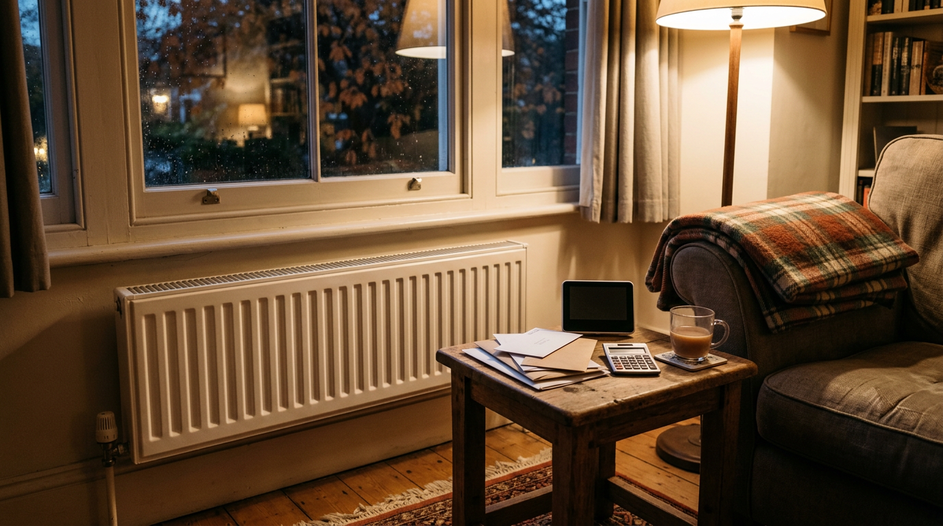 Radiator, energy monitor and bills in a British living room, illustrating Budget 2026 energy bill support