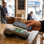 Smartphone held over a contactless card terminal in a café, illustrating the CMA's iPhone NFC proposals